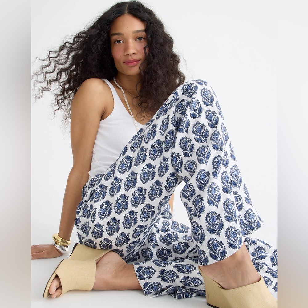 J.Crew Straight-leg pant bouquet block print Chelsea linen-cupro BQ737